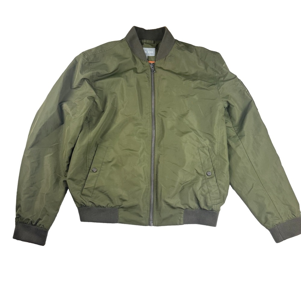 Michael Kors Mens Bomber Jacket Large Olive Green Orange Lined Full Zip MK